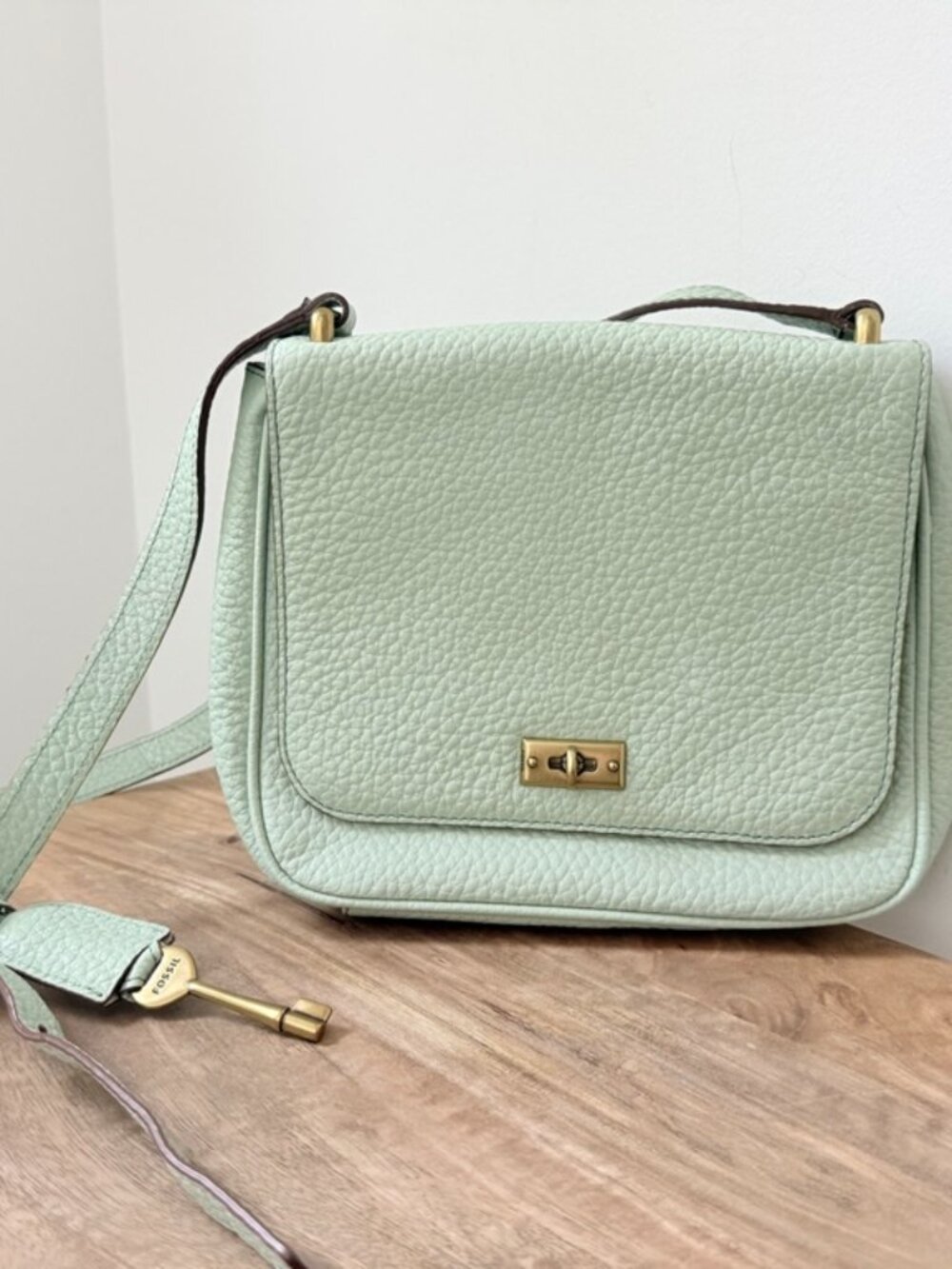 FOSSIL Harper Pebbled Leather Flap Crossbody Bag Mint Green Sage Key